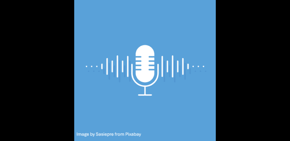 Graphic of a white podcast microphone on a sky blue background